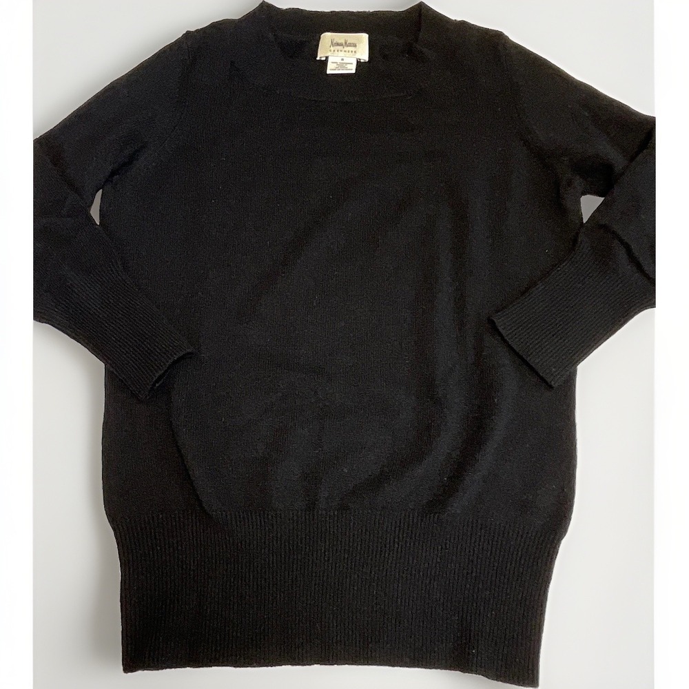 Neiman Marcus Cashmere Sweater Crew Neck Womens Size Small Black 3/4 Sleeve